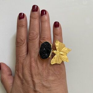 New Bansri Mehta Design Double 925 Gold Druzy Black Stone Butterfly Adjustable